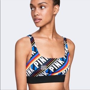 VS PINK Ultimate Scoop Logo Sports Bra Large - Black White Logo Stripe NEW